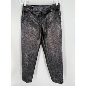 NWT LOFT Women's 0 Black Metallic Pants Tie Belt Mid-Rise 30X28 Straight Leg